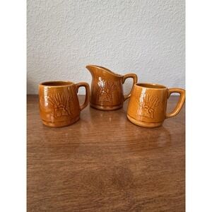 Franciscan Wheat Pitcher 4.5" With 2 Mugs Golden Brown MCM Vintage